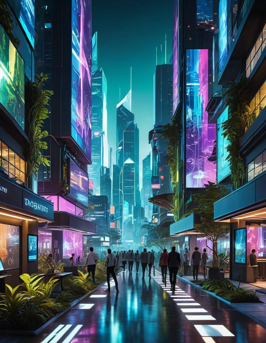 A futuristic cityscape showcasing developers collaborating on innovative projects using XBB technology, with holographic screens displaying complex code and graphs, surrounded by lush greenery and digital elements merging with nature. The atmosphere is vibrant and dynamic, symbolizing change and innovation. cyberpunk. vibrant colors. 3D.
