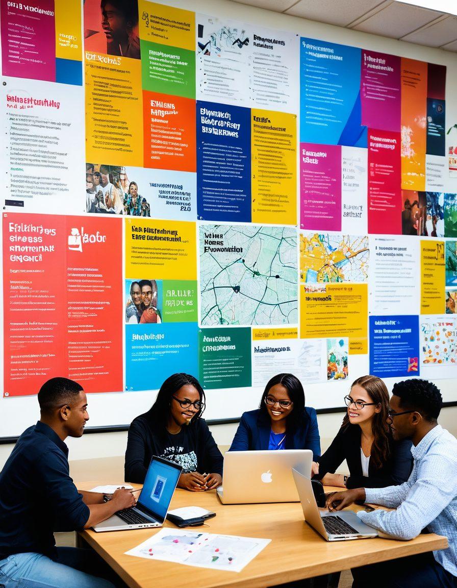A diverse group of people collaborating in a modern community center, surrounded by colorful wall posters showcasing various resources and services of the XBB Network. Include elements like laptops, brochures, and a community map while displaying an atmosphere of empowerment and unity. Vibrant colors, engaging expressions, and a lively environment to emphasize community spirit. super-realistic. vibrant colors.