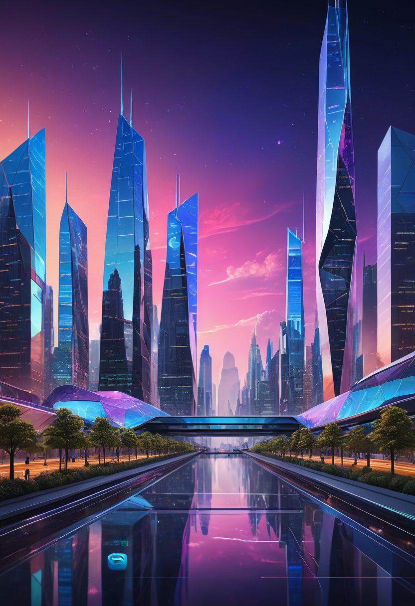 A futuristic landscape showcasing the XBB Platform with innovative tools and solutions at the forefront. Include sleek, high-tech devices and user-friendly interfaces integrated into a vibrant cityscape. The background features modern architecture and a digital sky with holographic elements symbolizing progress. Emphasize a dynamic sense of collaboration and creativity among diverse users. vibrant colors. super-realistic. 3D.